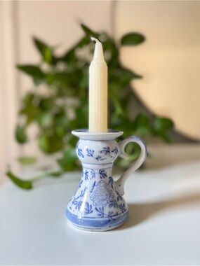 Vintage Chinoiserie Blue and White Chamberstick Candle Holder